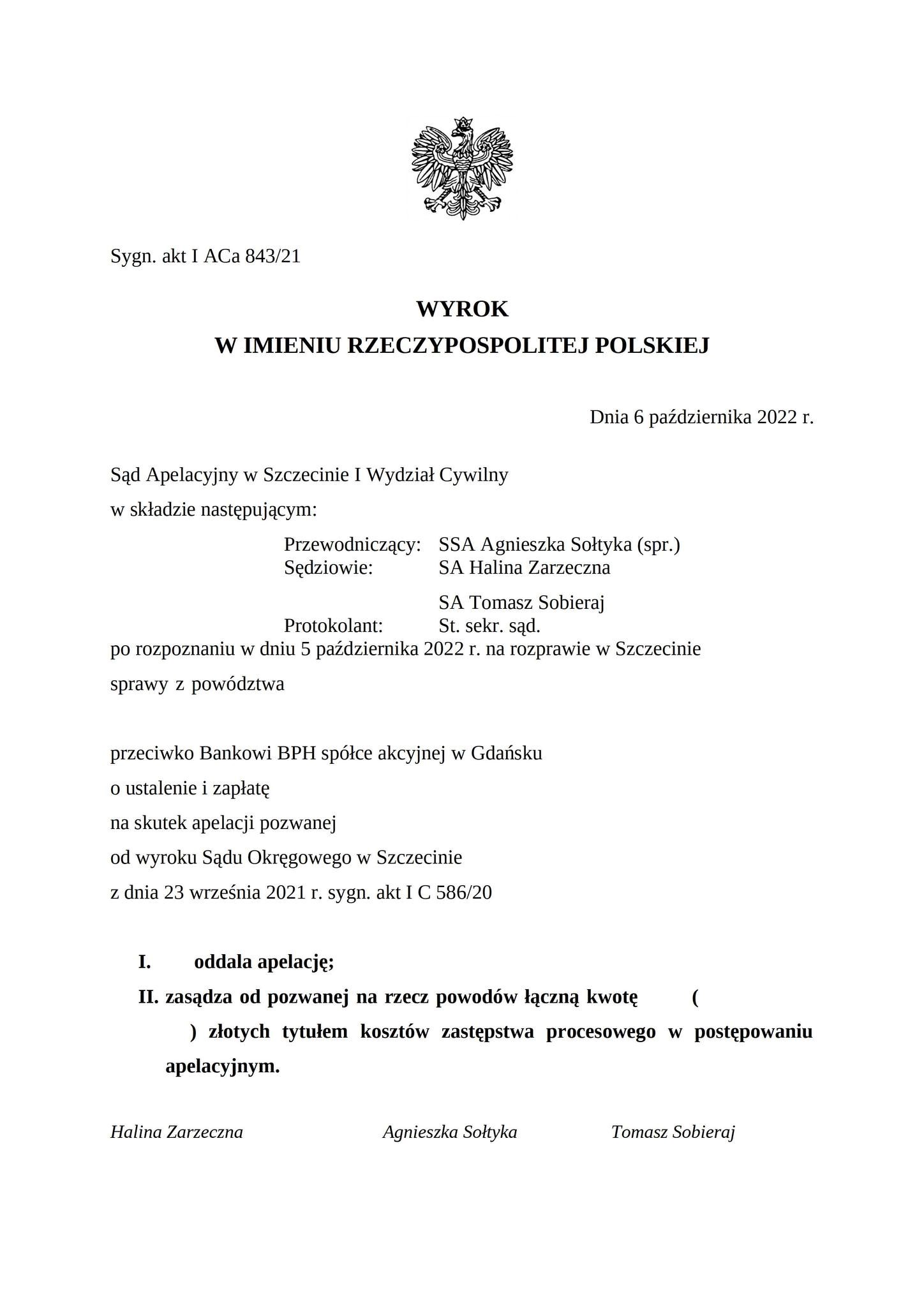 Wyrok Sądu Apelacyjnego w Szczecinie z dnia 6 października 2022 r., sygn. akt I ACa 843/21
