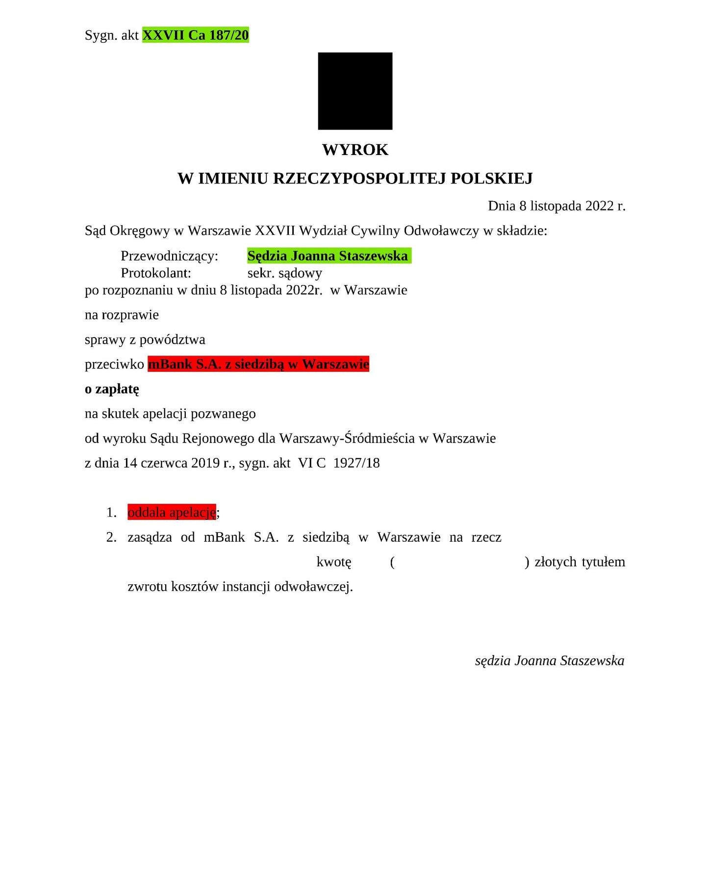 Wyrok Sądu Okręgowego w Warszawie z dnia 08.11.2022 r., sygn. akt XXVII Ca 187/20