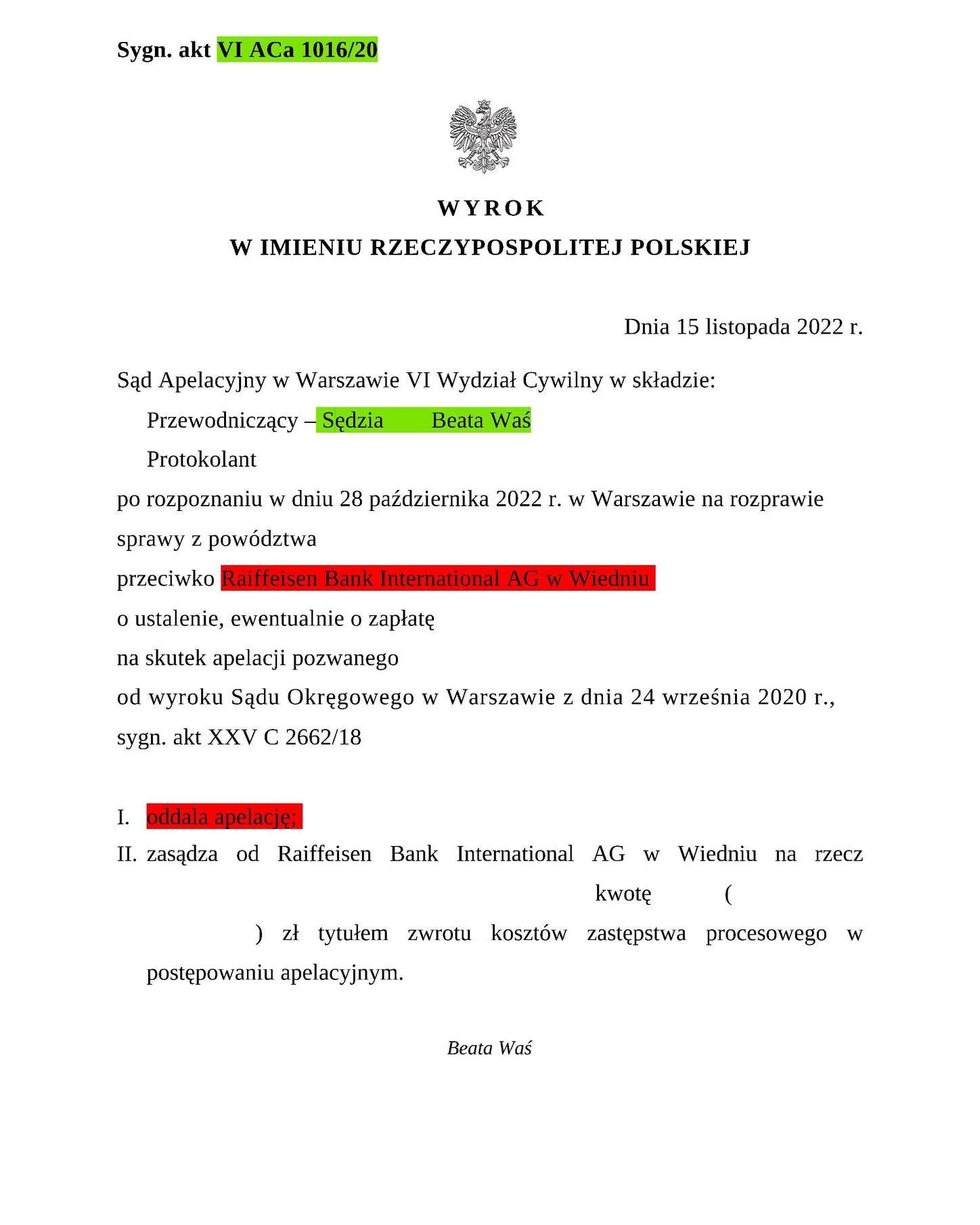 Wyrok Sądu Apelacyjnego w Warszawie z dnia 15.11.2022 r., sygn. akt VI ACa 1016/20 Przegrana Raiffeisen Bank International AG