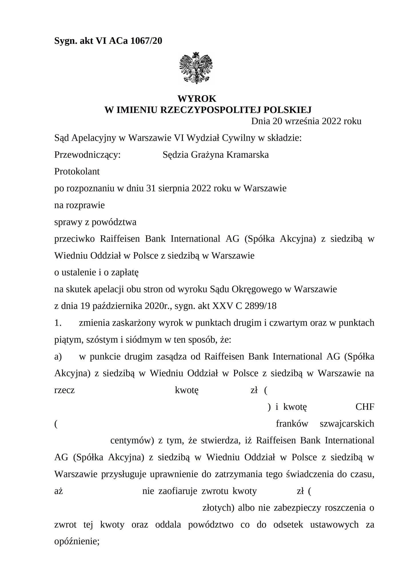 Wyrok Sądu Apelacyjnego w Warszawie z dnia 20.09.2022 r., sygn. akt VI ACa 1067/20